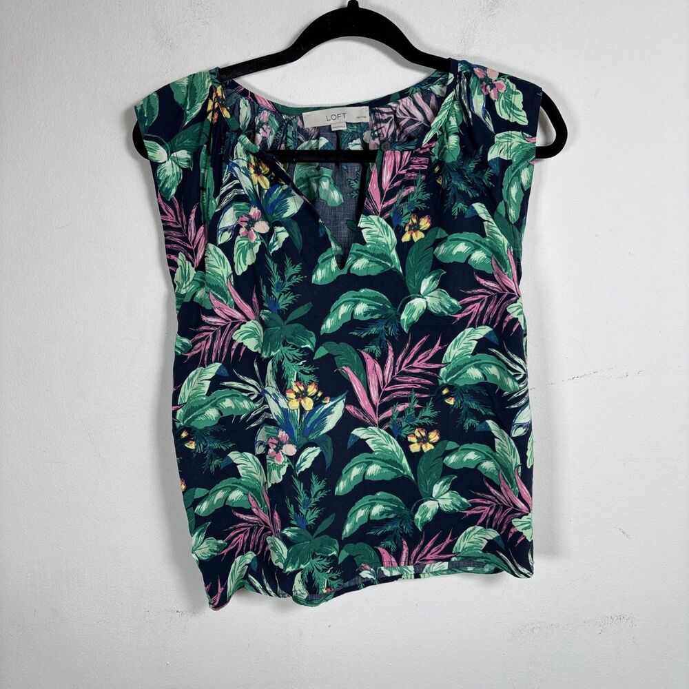 LOFT Petite Tropical Floral Sleeveless Blouse Rayon Cotton Navy Resort Top xxsp